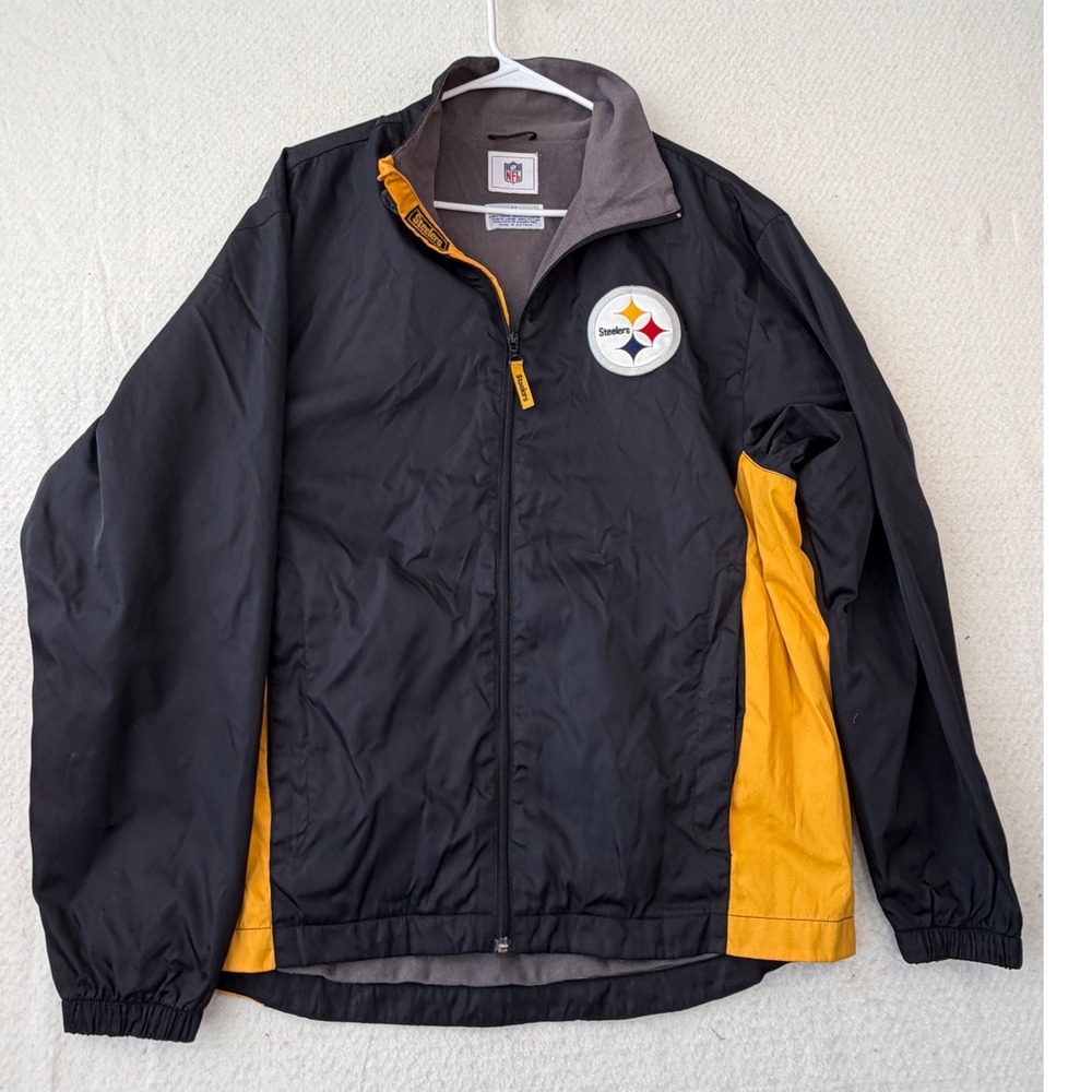 NFL Pittsburgh Steelers Windbreaker Jacket Mens Medium Black Yellow Fleece Lined